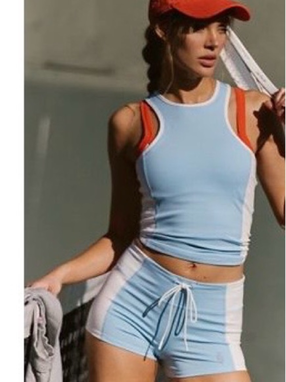 Free People Blue and White Colorblock Bike Shorts (s)  & tank (xs)